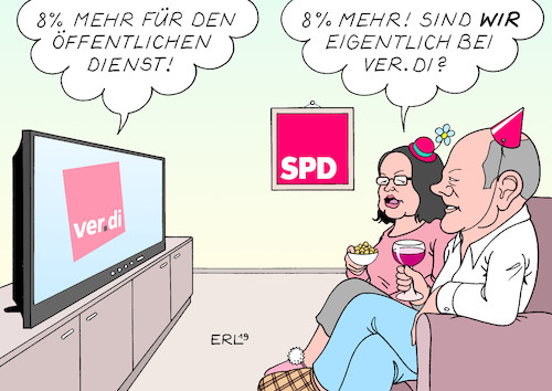 Cartoon: Tarifeinigung (medium) by Erl tagged politik,öffentlicher,dienst,tarifverhandlungen,einigung,erhöhung,lohn,gehalt,gewerkschaft,verdi,acht,prozent,plus,umfragewerte,spd,soziale,gerechtigkeit,nahles,scholz,karikatur,erl,politik,öffentlicher,dienst,tarifverhandlungen,einigung,erhöhung,lohn,gehalt,gewerkschaft,verdi,acht,prozent,plus,umfragewerte,spd,soziale,gerechtigkeit,nahles,scholz,karikatur,erl