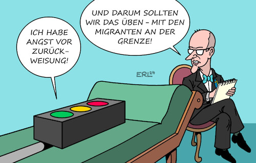 Cartoon: Therapeut Merz (medium) by Erl tagged politik,ampel,migration,zurückweisung,grenze,merz,psychtherapie,angst,karikatur,erl,politik,ampel,migration,zurückweisung,grenze,merz,psychtherapie,angst,karikatur,erl