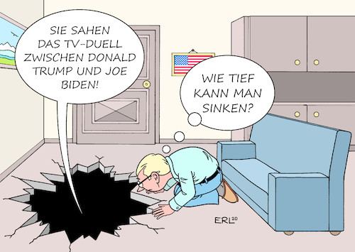 Cartoon: Tiefpunkt (medium) by Erl tagged politik,usa,wahl,präsident,wahlkampf,schlammschlacht,fernsehen,tv,duell,joe,biden,donald,trump,tiefpunkt,sachlichkeit,argumente,inhalte,karikatur,erl,politik,usa,wahl,präsident,wahlkampf,schlammschlacht,fernsehen,tv,duell,joe,biden,donald,trump,tiefpunkt,sachlichkeit,argumente,inhalte,karikatur,erl