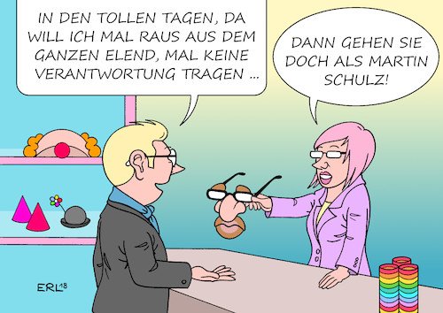 Cartoon: Tolle Tage (medium) by Erl tagged politik,bundestagswahl,regierungsbildung,regierung,grosse,koalition,groko,verteilung,ressorts,minister,posten,cdu,csu,spd,außenministerium,außenminister,martin,schulz,übergabe,parteivorsitz,andrea,nahles,flucht,elend,verantwortung,zickzackkurs,karneval,fasnacht,fastnacht,fasching,ablenkung,realität,karikatur,erl,politik,bundestagswahl,regierungsbildung,regierung,grosse,koalition,groko,verteilung,ressorts,minister,posten,cdu,csu,spd,außenministerium,außenminister,martin,schulz,übergabe,parteivorsitz,andrea,nahles,flucht,elend,verantwortung,zickzackkurs,karneval,fasnacht,fastnacht,fasching,ablenkung,realität,karikatur,erl