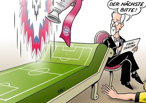 Cartoon: Traumatherapie (medium) by Erl tagged fußball,champions,league,finale,bvb,borussia,dortmund,fc,bayern,münchen,trauma,therapie,psycologie,psychotherapie,couch,freude,freud,leid,fußball,champions,league,finale,bvb,borussia,dortmund,fc,bayern,münchen,trauma,therapie,psycologie,psychotherapie,couch,freude,freud,leid