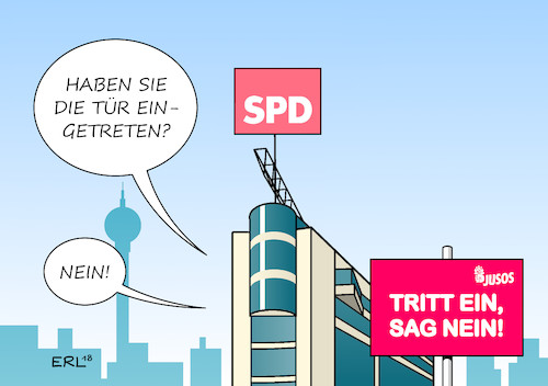 Cartoon: Tritt ein (medium) by Erl tagged politik,bundestagswahl,regierung,regierungsbildung,sondierung,große,koalition,groko,cdu,csu,spd,koalitionsverhandlungen,verhandlung,widerstand,jusos,kampagne,tritt,ein,sag,nein,partei,parteieintritt,abstimmung,mitglieder,basis,parteizentrale,willy,brandt,haus,berlin,karikatur,erl,politik,bundestagswahl,regierung,regierungsbildung,sondierung,große,koalition,groko,cdu,csu,spd,koalitionsverhandlungen,verhandlung,widerstand,jusos,kampagne,tritt,ein,sag,nein,partei,parteieintritt,abstimmung,mitglieder,basis,parteizentrale,willy,brandt,haus,berlin,karikatur,erl