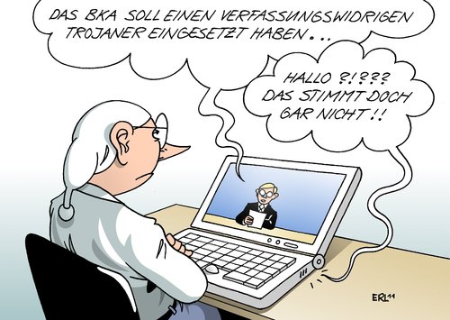 Cartoon: Trojaner (medium) by Erl tagged trojaner,online,überwachung,bka,verfassung,verfassungswidrig,ccc,chaos,computer,club,pc,verdacht,vorwurf,trojaner,regierung,computer,programm,chaos,bnd,ccc,nachrichtendienst,polizei,datenschutz,daten,spionage,bka,verfassung,verfassungswidrig