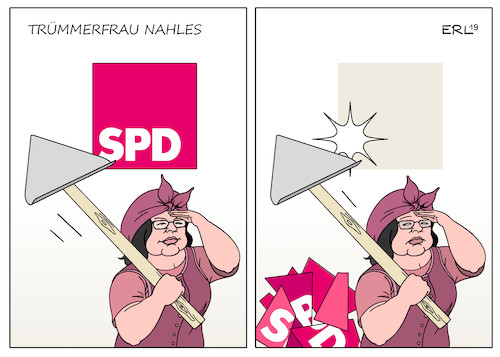 Cartoon: Trümmerfrau Nahles (medium) by Erl tagged politik,partei,spd,umfragetief,wahlniederlagen,stimmenverluste,vorsitzende,parteivorsitz,fraktionsvorsitz,andrea,nahles,trümmerfrau,aufbau,zerstörung,karikatur,erl,politik,partei,spd,umfragetief,wahlniederlagen,stimmenverluste,vorsitzende,parteivorsitz,fraktionsvorsitz,andrea,nahles,trümmerfrau,aufbau,zerstörung,karikatur,erl