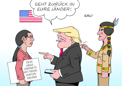 Cartoon: Trump (medium) by Erl tagged politik,usa,präsident,donald,trump,rechtspopulismus,nationalismus,rassismus,beleidigung,abgeordnete,kongress,demokraten,frauen,migrationshintergrund,einwanderung,einwanderungsland,indigene,ureinwohner,indianer,karikatur,erl,politik,usa,präsident,donald,trump,rechtspopulismus,nationalismus,rassismus,beleidigung,abgeordnete,kongress,demokraten,frauen,migrationshintergrund,einwanderung,einwanderungsland,indigene,ureinwohner,indianer,karikatur,erl