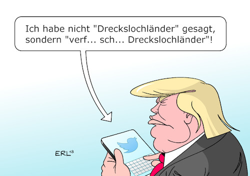 Cartoon: Trump dementiert (medium) by Erl tagged usa,präsident,donald,trump,rechtspopulismus,nationalismus,rassismus,einwanderung,einwanderer,afrika,haiti,bezeichnung,beschimpfung,dreckslochländer,dementi,twitter,karikatur,erl,usa,präsident,donald,trump,rechtspopulismus,nationalismus,rassismus,einwanderung,einwanderer,afrika,haiti,bezeichnung,beschimpfung,dreckslochländer,dementi,twitter,karikatur,erl