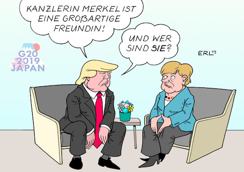 Cartoon: Trump Merkel (medium) by Erl tagged politik,g20,treffen,industrienationen,schwellenländer,weltpolitik,klima,handel,usa,präsident,donald,trump,bundeskanzlerin,deutschland,angela,merkel,freundin,großartig,karikatur,erl,politik,g20,treffen,industrienationen,schwellenländer,weltpolitik,klima,handel,usa,präsident,donald,trump,bundeskanzlerin,deutschland,angela,merkel,freundin,großartig,karikatur,erl