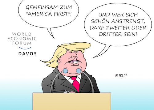 Cartoon: Trump Rede (medium) by Erl tagged politik,weltwirtschaftsforum,davos,world,economic,forum,weltwirtschaft,welt,wirtschaft,beratung,gespräche,austausch,reichtum,armut,schere,usa,praesident,donald,trump,rechtspopulismus,nationalismus,abschottung,rede,america,first,freihandel,karikatur,erl,trump,rede,davos