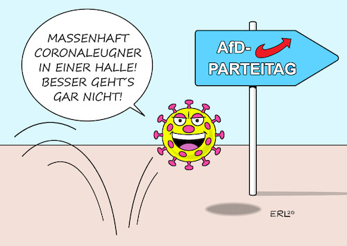 Cartoon: AfD-Parteitag (medium) by Erl tagged politik,corona,virus,pandemie,covid19,zweite,welle,schutz,abstand,hygiene,masken,videokonferenz,verzicht,präsenz,veranstaltung,coronaleugner,querdenker,afd,parteitag,festtag,viren,karikarur,erl,politik,corona,virus,pandemie,covid19,zweite,welle,schutz,abstand,hygiene,masken,videokonferenz,verzicht,präsenz,veranstaltung,coronaleugner,querdenker,afd,parteitag,festtag,viren,karikarur,erl