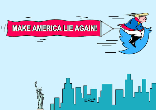 Cartoon: Trump Twitter (medium) by Erl tagged politik,usa,elon,musk,milliardär,autobauer,tesla,ankündigung,kauf,twitter,nachrichtendienst,wieder,zulassung,expräsident,donald,trump,republikaner,rechtspopulismus,rechtsextremismus,nationalismus,frauenfeindlichkeit,lügen,fake,news,verschwörungstheorien,freiheitsstatue,karikatur,erl,politik,usa,elon,musk,milliardär,autobauer,tesla,ankündigung,kauf,twitter,nachrichtendienst,wieder,zulassung,expräsident,donald,trump,republikaner,rechtspopulismus,rechtsextremismus,nationalismus,frauenfeindlichkeit,lügen,fake,news,verschwörungstheorien,freiheitsstatue,karikatur,erl