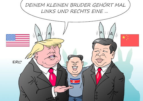 Cartoon: Trump Xi und Kim (medium) by Erl tagged china,staatspräsident,xi,jinping,besuch,usa,donald,trump,störung,nordkorea,raketentest,atomwaffen,atombombe,diktator,kim,jong,un,kleiner,bruder,nervig,bestrafung,ohrfeige,links,rechts,militärschlag,karikatur,erl,china,staatspräsident,xi,jinping,besuch,usa,donald,trump,störung,nordkorea,raketentest,atomwaffen,atombombe,diktator,kim,jong,un,kleiner,bruder,nervig,bestrafung,ohrfeige,links,rechts,militärschlag,karikatur,erl