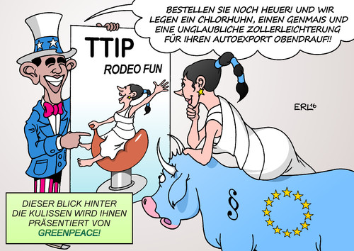 Cartoon: TTIP (medium) by Erl tagged ttip,freihandelsabkommen,usa,eu,geheim,intransparent,mauschelei,leak,veröffentlichung,greenpeace,recht,gesetz,demokratie,abbau,umweltschutz,chlorhuhn,genmais,zoll,vereinfachung,erleichterung,auto,export,europa,stier,uncle,sam,obama,karikatur,erl,ttip,freihandelsabkommen,usa,eu,geheim,intransparent,mauschelei,leak,veröffentlichung,greenpeace,recht,gesetz,demokratie,abbau,umweltschutz,chlorhuhn,genmais,zoll,vereinfachung,erleichterung,auto,export,europa,stier,uncle,sam,obama,karikatur,erl