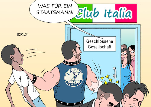 Cartoon: Türsteher (medium) by Erl tagged politik,italien,regierung,koalition,lega,nord,rechtspopulismus,movimento,stelle,links,innenminister,matteo,salvini,provokation,bruch,neuwahlen,ambitionen,premier,ministerpräsident,verdrängung,giuseppe,conte,luigi,di,maio,flüchtlingspolitik,abschottung,nationalismus,geschlossene,gesellschaft,umfragehoch,karikatur,erl,politik,italien,regierung,koalition,lega,nord,rechtspopulismus,movimento,stelle,links,innenminister,matteo,salvini,provokation,bruch,neuwahlen,ambitionen,premier,ministerpräsident,verdrängung,giuseppe,conte,luigi,di,maio,flüchtlingspolitik,abschottung,nationalismus,geschlossene,gesellschaft,umfragehoch,karikatur,erl