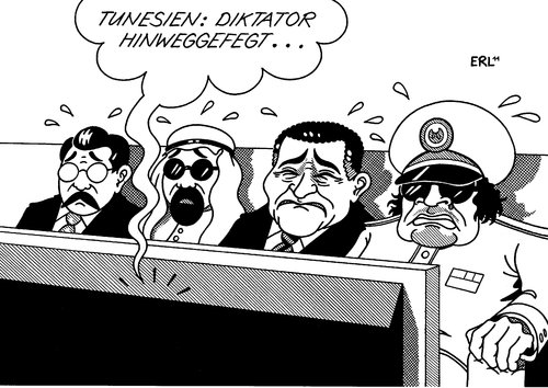 Cartoon: Tunesien (medium) by Erl tagged mubarak,gaddafi,arabien,saudi,ägypten,libyen,kollegen,angst,exil,vertreibung,flucht,diktator,ali,ben,tunesien,tunesien,ben,ali,diktator,flucht,vertreibung,exil,angst,kollegen,libyen,ägypten,saudi,arabien,gaddafi,mubarak