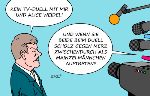 Cartoon: TV-Duelle (medium) by Erl tagged politik,neuwahlen,wahlkampf,tv,duell,scholz,merz,habeck,weidel,mainzelmännchen,karikatur,erl,politik,neuwahlen,wahlkampf,tv,duell,scholz,merz,habeck,weidel,mainzelmännchen,karikatur,erl