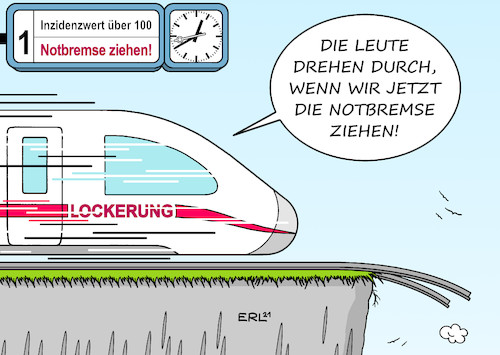 Cartoon: Ü-100 (medium) by Erl tagged politik,corona,virus,pandemie,covid19,lockdown,lockerung,öffnung,notbremse,inzidenzwert,100,missachtung,warnsignal,zug,bahn,abgrund,bahnhofsuhr,karikatur,erl,politik,corona,virus,pandemie,covid19,lockdown,lockerung,öffnung,notbremse,inzidenzwert,100,missachtung,warnsignal,zug,bahn,abgrund,bahnhofsuhr,karikatur,erl