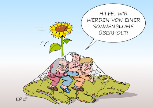 Cartoon: überholt (medium) by Erl tagged politik,deutschland,umfrage,umfragewerte,bündnis,90,die,grünen,zweitstärkste,kraft,zweiter,groko,große,koalition,cdu,csu,spd,regierung,kraftlos,mutlos,lahm,verbraucht,andrea,nahles,horst,seehofer,angela,merkel,dämmerung,alter,sonnenblume,ideen,plan,tatkraft,verjüngung,erneuerung,karikatur,erl,politik,deutschland,umfrage,umfragewerte,bündnis,90,die,grünen,zweitstärkste,kraft,zweiter,groko,große,koalition,cdu,csu,spd,regierung,kraftlos,mutlos,lahm,verbraucht,andrea,nahles,horst,seehofer,angela,merkel,dämmerung,alter,sonnenblume,ideen,plan,tatkraft,verjüngung,erneuerung,karikatur,erl