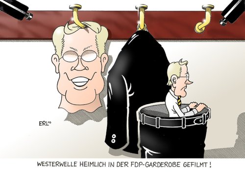 Cartoon: Überwachung (medium) by Erl tagged fdp,westerwelle,kritik,führung,parteivorsitz,rücktritt,unternehmen,überwachung,mitarbeiter,misstrauen,heimlich,garderobe,fdp,guido westerwelle,kritik,führung,parteivorsitz,rücktritt,unternehmen,überwachung,mitarbeiter,misstrauen,heimlich,garderobe,guido,westerwelle