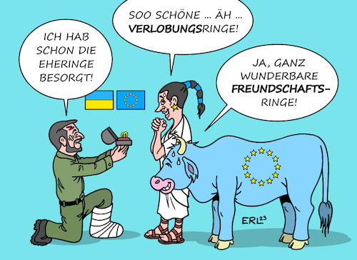 Cartoon: Ukraine EU (medium) by Erl tagged politik,krieg,angriff,überfall,russland,ukraine,hoffnung,mitgliedschaft,eu,treffen,erwartungen,dämpfen,präsident,wolodymyr,selenskyj,eheringe,europa,stier,verlobungsringe,freundschaftsringe,karikatur,erl,politik,krieg,angriff,überfall,russland,ukraine,hoffnung,mitgliedschaft,eu,treffen,erwartungen,dämpfen,präsident,wolodymyr,selenskyj,eheringe,europa,stier,verlobungsringe,freundschaftsringe,karikatur,erl