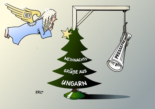 Cartoon: Ungarn (medium) by Erl tagged ungarn,meinungsfreiheit,pressefreiheit,gesetz,demokratie,diktatur,rechts,populismus,partei,weihnachtsbaum,christbaum,galgen,ungarn,meinungsfreiheit,pressefreiheit,gesetz,demokratie,diktatur,rechts,populismus,partei,weihnachtsbaum,christbaum,galgen,presse,freiheit