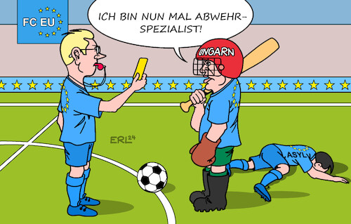 Cartoon: Ungarn (medium) by Erl tagged politik,eu,europäischer,gerichtshof,eugh,urteil,verurteilung,ungarn,geldstrafe,asylregeln,nicht,umgesetzt,fußball,abwehr,migration,viktor,orban,abwehrspezialist,foul,schiedsrichter,gelbe,karte,karikatur,erl,politik,eu,europäischer,gerichtshof,eugh,urteil,verurteilung,ungarn,geldstrafe,asylregeln,nicht,umgesetzt,fußball,abwehr,migration,viktor,orban,abwehrspezialist,foul,schiedsrichter,gelbe,karte,karikatur,erl