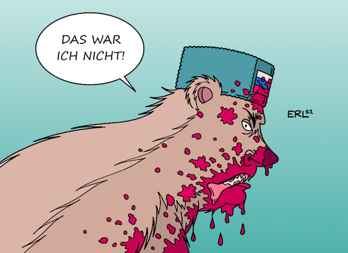 Cartoon: Unschuld (medium) by Erl tagged politik,krieg,angriff,überfall,russland,ukraine,kriegsverbrechen,massaker,zivilbevölkerung,butscha,wladimir,putin,propaganda,leugnung,verdrehung,bär,blut,raubtier,karikatur,erl,politik,krieg,angriff,überfall,russland,ukraine,kriegsverbrechen,massaker,zivilbevölkerung,butscha,wladimir,putin,propaganda,leugnung,verdrehung,bär,blut,raubtier,karikatur,erl