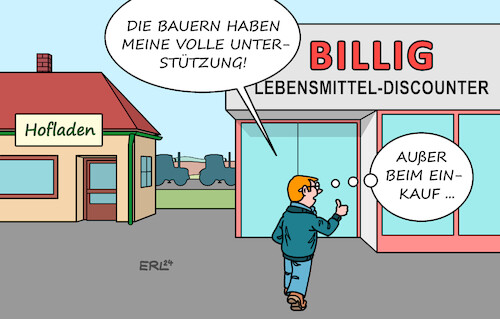 Cartoon: Unterstützung (medium) by Erl tagged politik,landwirtschaft,landwirte,landwirtinnen,bäuerinnen,bauern,protest,traktor,kürzung,subvention,arbeit,bürokratie,lebensmittelpreise,verbraucherinnen,verbraucher,unterstützung,solidarität,einkauf,hofladen,preis,lebensmittel,billig,dicounter,entscheidung,karikatur,erl,politik,landwirtschaft,landwirte,landwirtinnen,bäuerinnen,bauern,protest,traktor,kürzung,subvention,arbeit,bürokratie,lebensmittelpreise,verbraucherinnen,verbraucher,unterstützung,solidarität,einkauf,hofladen,preis,lebensmittel,billig,dicounter,entscheidung,karikatur,erl