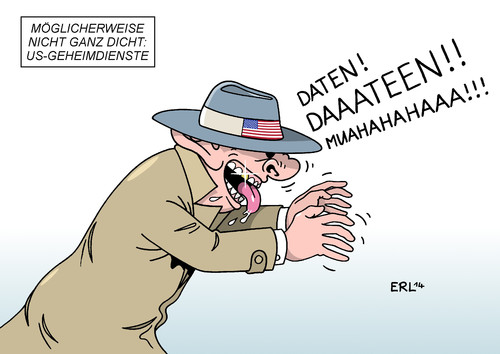 Cartoon: US-Geheimdienste (medium) by Erl tagged wahn,wahnsinn,schlapphut,spion,spionage,nsa,abhöraffäre,überwachung,sammeln,daten,verrückt,dicht,ganz,nicht,stelle,undichte,leck,whistleblower,geheimdienste,geheimdienst,usa,usa,geheimdienste