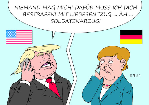 Cartoon: US-Truppenabzug (medium) by Erl tagged politik,usa,präsident,donald,trump,truppen,abzug,truppenabzug,deutschland,bestrafung,liebesentzug,nato,beiträge,bundeskanzlerin,angela,merkel,karikatur,erl,politik,usa,präsident,donald,trump,truppen,abzug,truppenabzug,deutschland,bestrafung,liebesentzug,nato,beiträge,bundeskanzlerin,angela,merkel,karikatur,erl