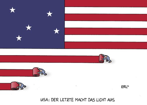 Cartoon: USA (medium) by Erl tagged usa,schulden,krise,pleite,demokraten,republikaner,streit,partei,taktik,finanzkrise,global,wirtschaft,wirtschaftskrise,schuldenkrise,schuldengrenze,präsident,obama,flagge,stars,stripes,stern,streifen,licht,aus,aufräumen,usa,schulden,krise,pleite,demokraten,republikaner,streit,partei,taktik,finanzkrise,global,wirtschaft,wirtschaftskrise,schuldenkrise,schuldengrenze,präsident,obama,flagge,stars,stripes,stern,streifen,licht,aus,aufräumen