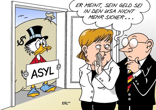 Cartoon: USA Asyl (medium) by Erl tagged usa,schulden,krise,pleite,haushalt,schuldengrenze,streit,republikaner,demokraten,geld,sicherheit,dollar,wirtschaft,welt,vermögen,dagobert,duck,asyl,deutschland,merkel,bundeskanzlerin,angela,usa,schulden,krise,haushalt,schuldengrenze,streit,republikaner,demokraten,geld,sicherheit,dollar,dagobert duck,welt,wirtschaft,vermögen,merkel,deutschland,dagobert,duck