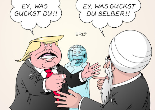 Cartoon: USA Iran (medium) by Erl tagged politik,atomabkommen,vertrag,atomwaffen,iran,ausstieg,usa,präsident,donald,trump,gegenreaktion,säbelrasseln,drohgebärden,angst,erde,karikatur,erl,politik,atomabkommen,vertrag,atomwaffen,iran,ausstieg,usa,präsident,donald,trump,gegenreaktion,säbelrasseln,drohgebärden,angst,erde,karikatur,erl