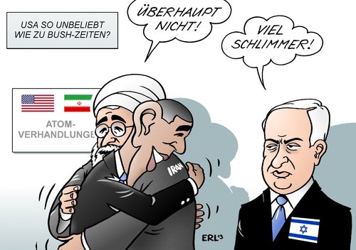 Cartoon: USA Iran Israel (medium) by Erl tagged zivil,atomprogramm,iran,friedlich,kriegerisch,atombombe,verhandlungen,usa,tauwetter,entspannung,präsident,obama,hassan,rohani,ruhani,israel,premierminister,benjamin,netanjahu,skepsis,deutschland,nsa,affäre,überwachung,geheimdienst,abhören,spähaffäre,belie,usa,iran,israel