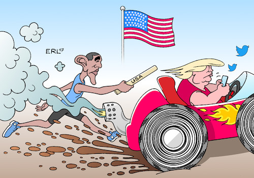 Cartoon: USA Stabübergabe (medium) by Erl tagged usa,stabübergabe,staffellauf,stab,wechsel,abschied,präsident,barack,obama,inauguration,donald,trump,lauf,auto,fahren,autofahren,vollgas,kavalierstart,imponiergehabe,abgase,handy,twitter,charakter,eignung,amt,rechtspopulismus,karikatur,erl,usa,stabübergabe,staffellauf,stab,wechsel,abschied,präsident,barack,obama,inauguration,donald,trump,lauf,auto,fahren,autofahren,vollgas,kavalierstart,imponiergehabe,abgase,handy,twitter,charakter,eignung,amt,rechtspopulismus,karikatur,erl