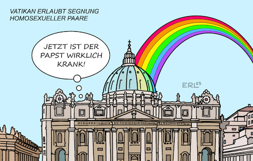 Cartoon: Vatikan II (medium) by Erl tagged politik,religion,glaube,kirche,katholiken,vatikan,papst,erlaubnis,segnung,homosexuelle,paare,widerstand,konservative,petersdom,regenbogen,karikatur,erl,politik,religion,glaube,kirche,katholiken,vatikan,papst,erlaubnis,segnung,homosexuelle,paare,widerstand,konservative,petersdom,regenbogen,karikatur,erl