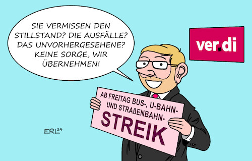 Cartoon: Ver.di-Streik (medium) by Erl tagged politik,verkehr,gewerkschaft,lokführer,gdl,chef,claus,weselsky,streik,ende,verhandlungen,bahn,vereinte,dienstleistungsgewerkschaft,verdi,fortsetzung,bus,ubahn,straßenbahn,fahrgäste,karikatur,erl,politik,verkehr,gewerkschaft,lokführer,gdl,chef,claus,weselsky,streik,ende,verhandlungen,bahn,vereinte,dienstleistungsgewerkschaft,verdi,fortsetzung,bus,ubahn,straßenbahn,fahrgäste,karikatur,erl