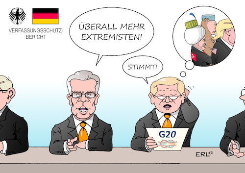 Cartoon: Verfassungsschutzbericht (medium) by Erl tagged verfassungsschutzbericht,bundesamt,für,verfassungsschutz,bericht,extremismus,gewalttäter,gewalt,rechtsextremismus,linksextremismus,islamismus,gefährder,innenminister,thomas,de,maiziere,g20,gipfel,hamburg,sicherheit,weltpolitik,klimaschutz,freihandel,menschenrechte,demokratie,autokraten,rechtspopulismus,erdogan,trump,putin,karikatur,erl,verfassungsschutzbericht,bundesamt,für,verfassungsschutz,bericht,extremismus,gewalttäter,gewalt,rechtsextremismus,linksextremismus,islamismus,gefährder,innenminister,thomas,de,maiziere,g20,gipfel,hamburg,sicherheit,weltpolitik,klimaschutz,freihandel,menschenrechte,demokratie,autokraten,rechtspopulismus,erdogan,trump,putin,karikatur,erl