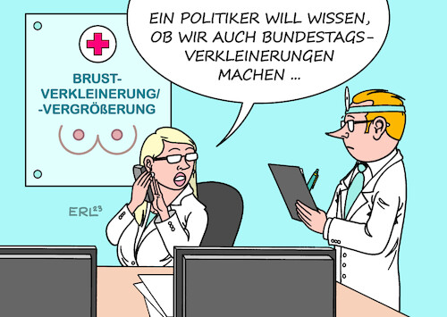 Cartoon: Verkeinerung Bundestag (medium) by Erl tagged politik,bundestag,größe,zahl,abgeordnete,direktmandate,überhangmandate,ausgleichsmandate,wahlrecht,wahlrechtsreform,verkleinerung,streit,parteien,medizin,brustvergrößerung,brustverkleinerung,schönheitschirurgie,karikatur,erl,politik,bundestag,größe,zahl,abgeordnete,direktmandate,überhangmandate,ausgleichsmandate,wahlrecht,wahlrechtsreform,verkleinerung,streit,parteien,medizin,brustvergrößerung,brustverkleinerung,schönheitschirurgie,karikatur,erl