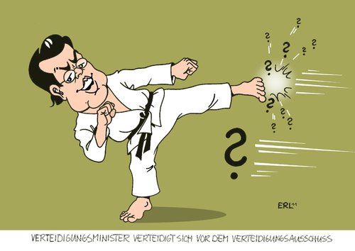 Cartoon: Verteidigung (medium) by Erl tagged guttenberg,verteidigungsminister,verteidigungsausschuss,fragen,verteidigung,selbstverteidigung,karate,fragezeichen,bundeswehr,missstände,gewalt,alkohol,ekel,ritual,aufnahmeritual,guttenberg,verteidigungsminister,verteidigungsausschuss,verteidigung,selbstverteidigung,bundeswehr,missstände,alkohol,ritual,gewalt,aufnahmeritual,ekel