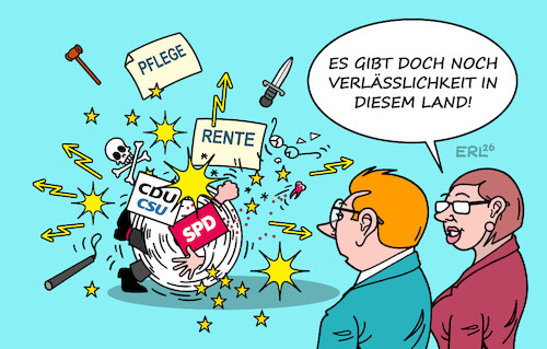 Cartoon: Vertrautes (medium) by Erl tagged politik,bundesregierung,koalition,cdu,csu,spd,reformen,streit,pflege,rente,normalität,verlässlichkeit,karikatur,erl,politik,bundesregierung,koalition,cdu,csu,spd,reformen,streit,pflege,rente,normalität,verlässlichkeit,karikatur,erl