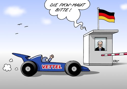 Cartoon: Vettel (medium) by Erl tagged sebastian,vettel,formel,eins,formel1,weltmeister,deutschland,pkw,maut,csu,parteitag,beschluss,verkehrsminister,peter,ramsauer,sebastian vettel,formel eins,weltmeister,pkw,deutschland,rennsport,sport,sebastian,vettel,formel,eins