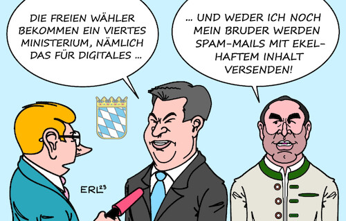 Cartoon: Viertes Ministerium (medium) by Erl tagged politik,wahl,bayern,regierungsbildung,regierung,koalition,csu,freie,wähler,stimmengewinne,ministerium,digitales,hubert,aiwanger,flugblattaffäre,schüler,bruder,flugblätter,inhalt,ekelhaft,antisemitismus,wahlkampf,trotzreaktion,opferrolle,ministerpräsident,markus,söder,spam,mail,karikatur,erl,politik,wahl,bayern,regierungsbildung,regierung,koalition,csu,freie,wähler,stimmengewinne,ministerium,digitales,hubert,aiwanger,flugblattaffäre,schüler,bruder,flugblätter,inhalt,ekelhaft,antisemitismus,wahlkampf,trotzreaktion,opferrolle,ministerpräsident,markus,söder,spam,mail,karikatur,erl