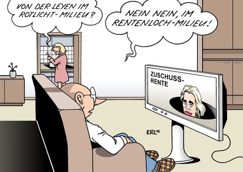 Cartoon: von der Leyen (medium) by Erl tagged ursula,von,der,leyen,rente,zuschuss,zuschussrente,altersarmut,rentenloch,diskussion,bettina,wulff,frau,gerüchte,verleumdung,prostitution,rotlichtmilieu,klage,gericht,gattin,ex,bundespräsident,ursula,von,der,leyen,rente,zuschuss,zuschussrente,altersarmut,rentenloch,diskussion,bettina,wulff,frau,gerüchte,verleumdung,prostitution,rotlichtmilieu,klage,gericht,gattin,ex,bundespräsident