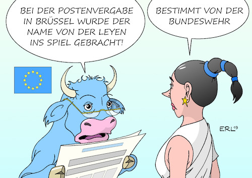 Cartoon: Von der Leyen EU-Posten (medium) by Erl tagged politik,eu,europawahl,spitzenkandidaten,weber,timmermans,vestager,posten,postenvergabe,streit,gerangel,ursula,von,der,leyen,deutschland,verteidigungsministerin,unbeliebt,bundeswehr,gerücht,abschiebung,brüssel,europa,stier,karikatur,erl,politik,eu,europawahl,spitzenkandidaten,weber,timmermans,vestager,posten,postenvergabe,streit,gerangel,ursula,von,der,leyen,deutschland,verteidigungsministerin,unbeliebt,bundeswehr,gerücht,abschiebung,brüssel,europa,stier,karikatur,erl