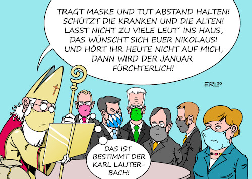 Cartoon: Von Mutti bestellt (medium) by Erl tagged politik,corona,virus,pandemie,zweite,welle,herbst,winter,weihnachten,lockdown,light,fallzahlen,stagnation,empfehlung,vorschrift,nikolaus,kontakte,abstand,masken,bundeskanzlerin,angela,merkel,ministerpräsidentinnen,ministerpräsidenten,karl,lauterbach,mahner,karikatur,erl,politik,corona,virus,pandemie,zweite,welle,herbst,winter,weihnachten,lockdown,light,fallzahlen,stagnation,empfehlung,vorschrift,nikolaus,kontakte,abstand,masken,bundeskanzlerin,angela,merkel,ministerpräsidentinnen,ministerpräsidenten,karl,lauterbach,mahner,karikatur,erl