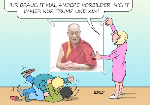 Cartoon: Vorbilder (medium) by Erl tagged usa,präsident,donald,trump,nordkorea,diktator,kim,jong,un,atomwaffen,atomprogramm,provokation,konflikt,drohung,säbelrasseln,feuer,wortgefecht,gefahr,kriegsgefahr,rauferei,auseinandersetzung,gewalt,krieg,vorbild,kinder,friede,gewaltlosigkeit,dalai,lama,tibet,buddhismus,eltern,sorge,erziehung,karikatur,erl,usa,präsident,donald,trump,nordkorea,diktator,kim,jong,un,atomwaffen,atomprogramm,provokation,konflikt,drohung,säbelrasseln,feuer,wortgefecht,gefahr,kriegsgefahr,rauferei,auseinandersetzung,gewalt,krieg,vorbild,kinder,friede,gewaltlosigkeit,dalai,lama,tibet,buddhismus,eltern,sorge,erziehung,karikatur,erl