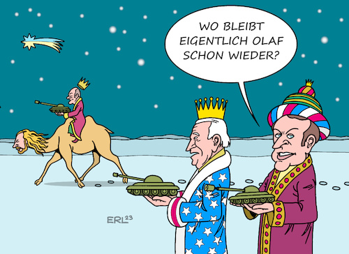 Cartoon: Vorreiter (medium) by Erl tagged politik,krieg,angriff,überfall,wladimir,putin,russland,ukraine,hilfe,unterstützung,waffen,waffenlieferungen,panzer,deutschland,bundeskanzler,olaf,scholz,wechsel,zurückhaltung,vorreiter,anton,hofreiter,grüne,schützenpanzer,marder,lieferung,usa,frankreich,präsident,joe,biden,emmanuel,macron,heilige,drei,könige,betlehem,stern,gaben,kamel,karikatur,erl,politik,krieg,angriff,überfall,wladimir,putin,russland,ukraine,hilfe,unterstützung,waffen,waffenlieferungen,panzer,deutschland,bundeskanzler,olaf,scholz,wechsel,zurückhaltung,vorreiter,anton,hofreiter,grüne,schützenpanzer,marder,lieferung,usa,frankreich,präsident,joe,biden,emmanuel,macron,heilige,drei,könige,betlehem,stern,gaben,kamel,karikatur,erl