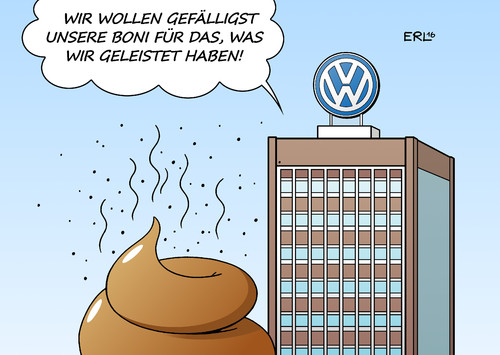 Cartoon: VW-Boni (medium) by Erl tagged erl,karikatur,bauen,scheiße,leistung,forderung,zahlungen,boni,bonus,manager,test,software,manipulation,diesel,abgasskandal,autokonzern,autobauer,auto,volkswagen,vw,vw,volkswagen,auto,autobauer,autokonzern,abgasskandal,diesel,manipulation,software,test,manager,bonus,boni,zahlungen,forderung,leistung,scheiße,bauen,karikatur,erl