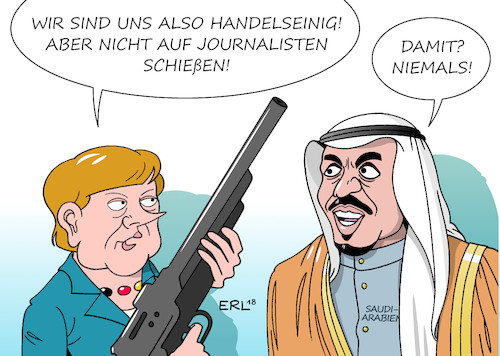 Cartoon: Waffen an Saudi-Arabien (medium) by Erl tagged politik,saudi,arabien,konsulat,istanbul,verdacht,mord,journalist,khashoggi,königshaus,beteuerung,unschuld,fake,news,deutschland,waffen,rüstung,verkauf,hinweis,menschernrechte,bundeskanzlerin,angela,merkel,karikatur,erl,politik,saudi,arabien,konsulat,istanbul,verdacht,mord,journalist,khashoggi,königshaus,beteuerung,unschuld,fake,news,deutschland,waffen,rüstung,verkauf,hinweis,menschernrechte,bundeskanzlerin,angela,merkel,karikatur,erl