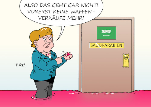 Cartoon: Waffenverkäufe (medium) by Erl tagged politik,saudi,arabien,konsulat,istanbul,mord,journalist,khashoggi,königshaus,könig,kronprinz,drahtzieher,reaktion,deutschland,waffen,rüstung,verkauf,stopp,aussetzung,menschernrechte,bundeskanzlerin,angela,merkel,ignorieren,krieg,jemen,finanzierung,terrorismus,blut,karikatur,erl,politik,saudi,arabien,konsulat,istanbul,mord,journalist,khashoggi,königshaus,könig,kronprinz,drahtzieher,reaktion,deutschland,waffen,rüstung,verkauf,stopp,aussetzung,menschernrechte,bundeskanzlerin,angela,merkel,ignorieren,krieg,jemen,finanzierung,terrorismus,blut,karikatur,erl